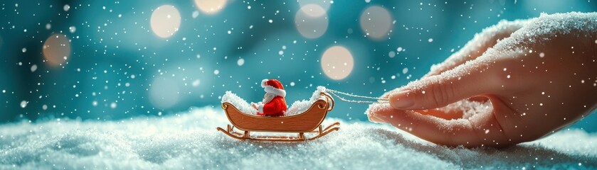 Fototapeta premium A whimsical scene featuring a miniature Santa in a sleigh, gently placed on soft snow, creating a festive winter atmosphere.