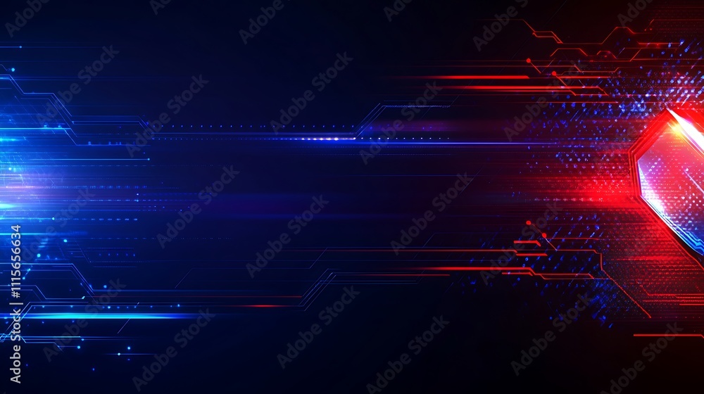 Poster abstract digital background with blue and red light elements and lines in motion for technology them