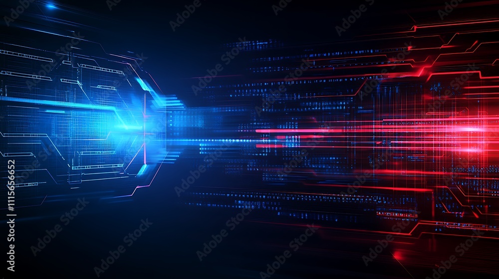 Poster abstract digital background with blue and red light lines in futuristic computer technology environm
