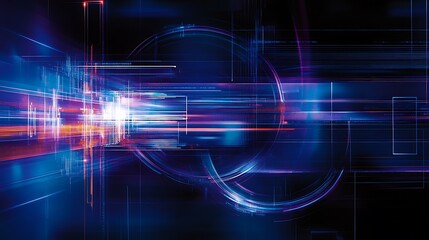 Obraz premium Abstract Digital Background with Bright Light Streaks and Geometric Shapes in Dynamic Motion Blue and Orange