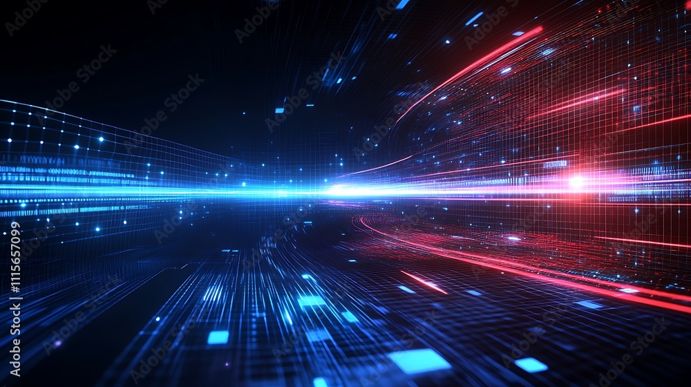 Aufkleber abstract digital background with dynamic light trails in blue and red colors on dark background