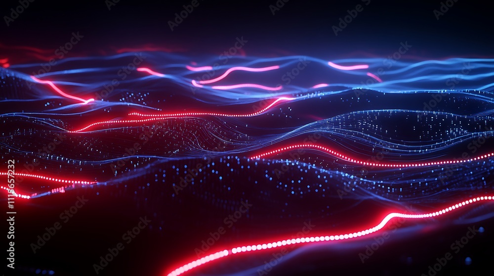 Poster abstract digital background with glowing red and blue lines flowing in wavy patterns for futuristic 