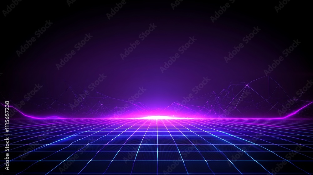 Poster abstract digital background with glowing lines and grids in neon purple and blue colors for modern d