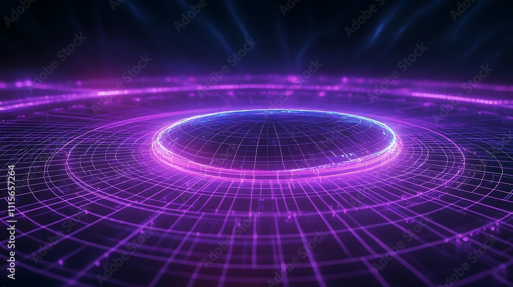 Poster abstract digital background with glowing purple light and circular patterns in a futuristic design