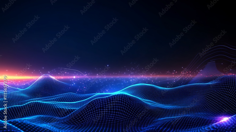 Poster abstract digital background with glowing blue waves and particles in dark environment for futuristic