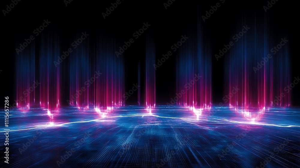 Poster abstract digital background with neon lights and glowing elements in futuristic style