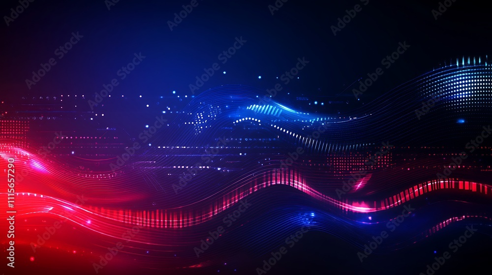 Poster abstract digital background with red and blue light waves and sparkles for technology and creative c