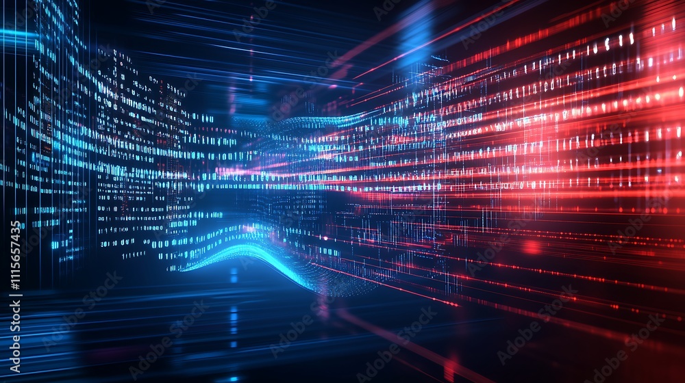 Poster abstract digital data flow with bright red and blue lines creating a futuristic technology backgroun