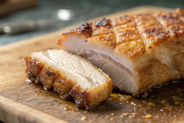 Shot of the crackling texture of a Piece of pork belly on wooden cutting board