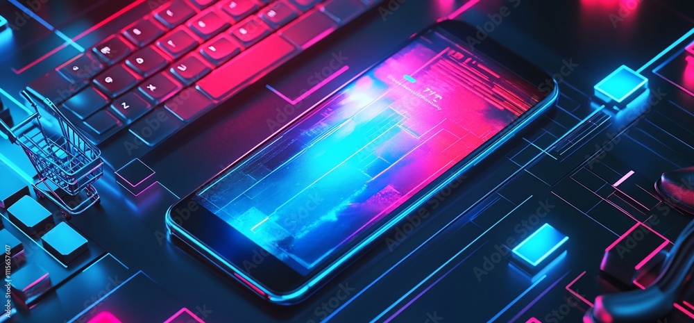 Poster a smartphone displayed on a circuit-like background with vibrant lighting.
