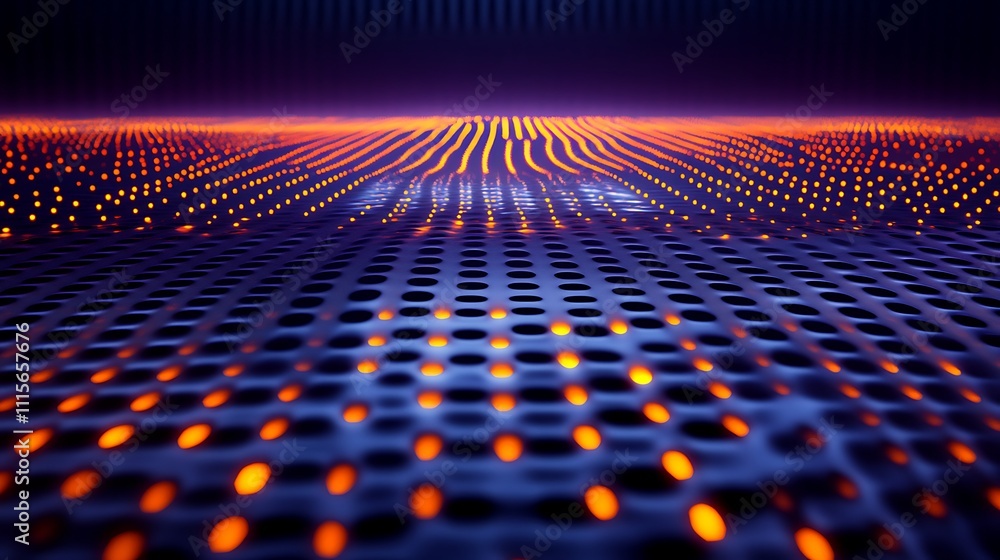 Poster abstract digital landscape of glowing dots and wavy patterns in blue and orange color scheme