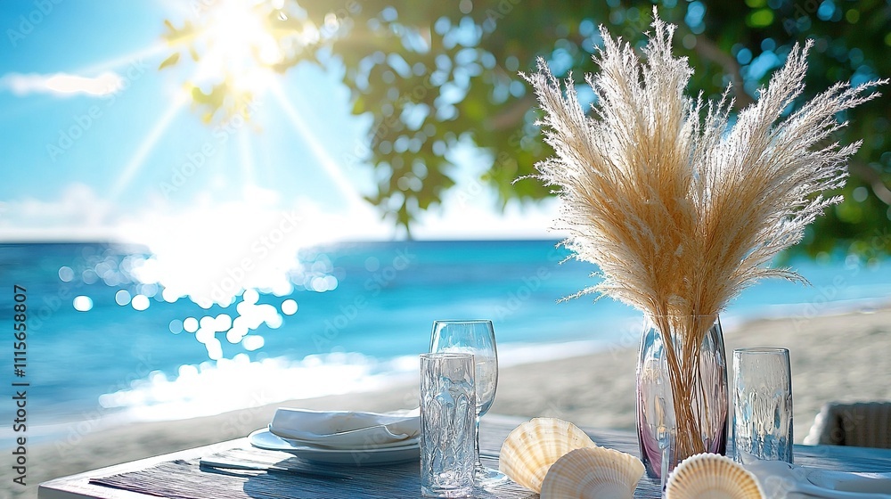 Poster a beachside table for two with an ocean and tree shade