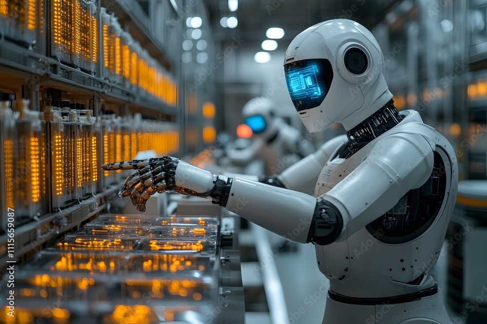 Poster a futuristic robot working in a high-tech industrial setting with glowing machinery.