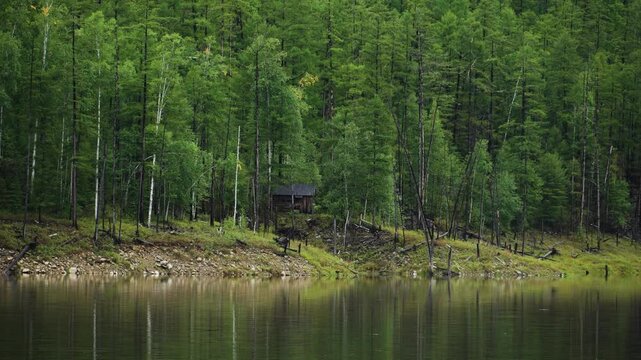 Zeya Reservoir Nature Reserve. View from a boat. A small wooden hut on the lake shore, surrounded by a coniferous forest.