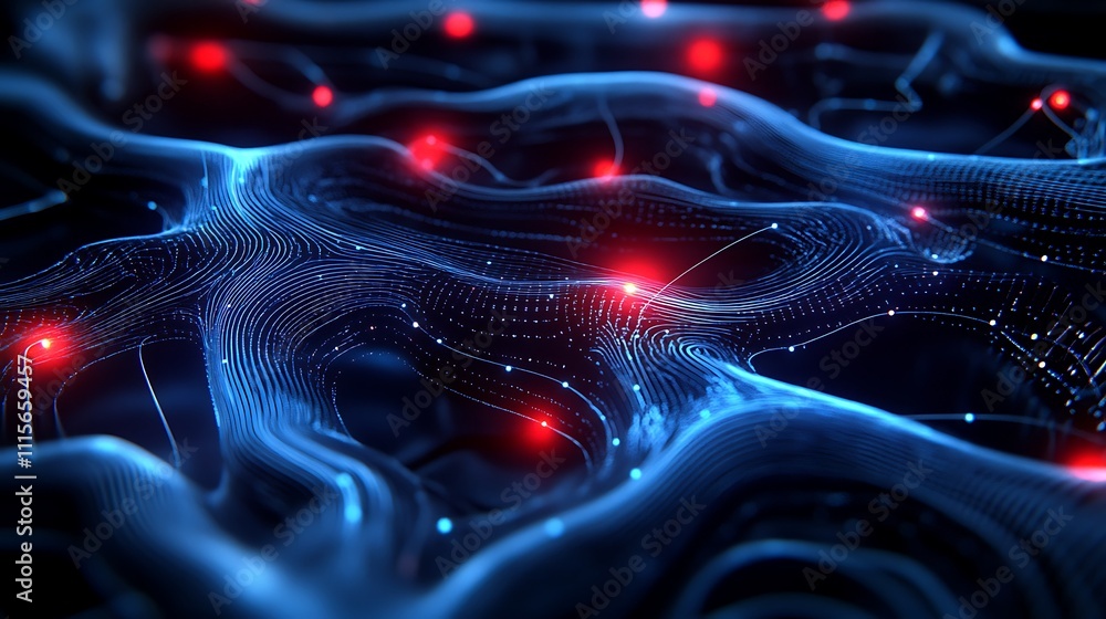 Poster abstract digital landscape with glowing nodes and flowing lines, representing futuristic technology 