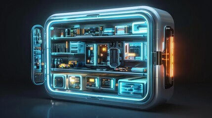 Obraz premium A futuristic, illuminated storage unit showcasing high-tech components and gadgets.