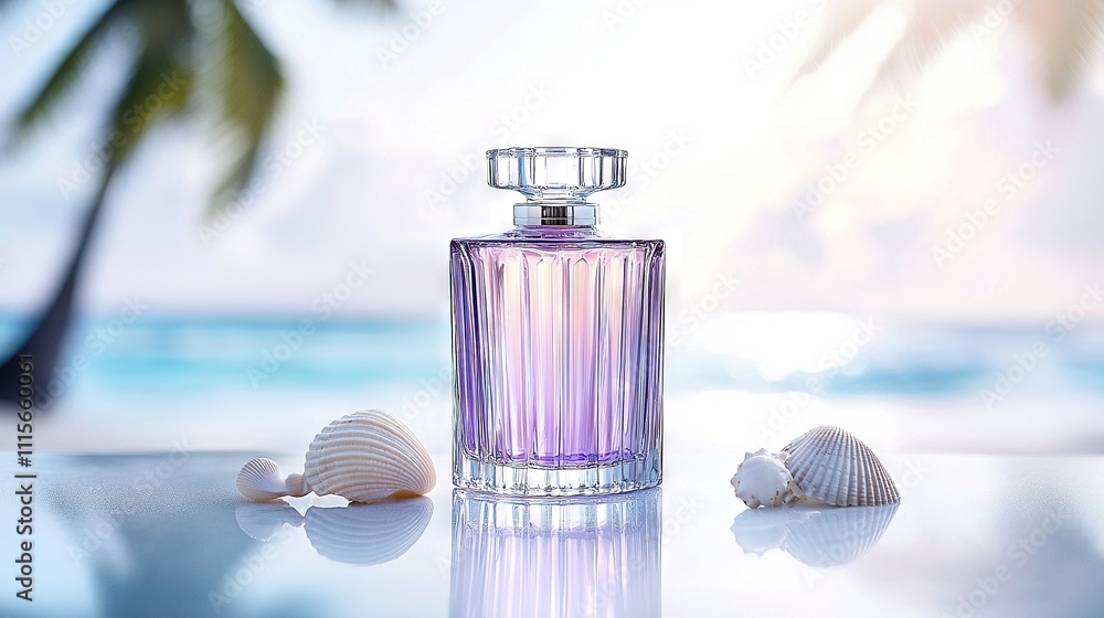 Poster bottle of perfume on a table with seashells and palm trees in the background