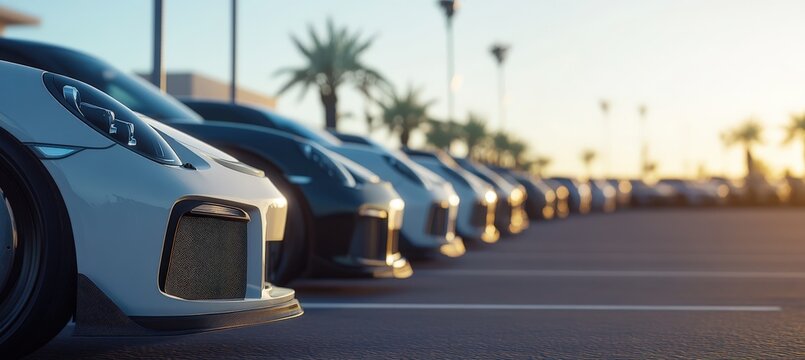 A long row of neatly parked white cars is situated in a parking lot