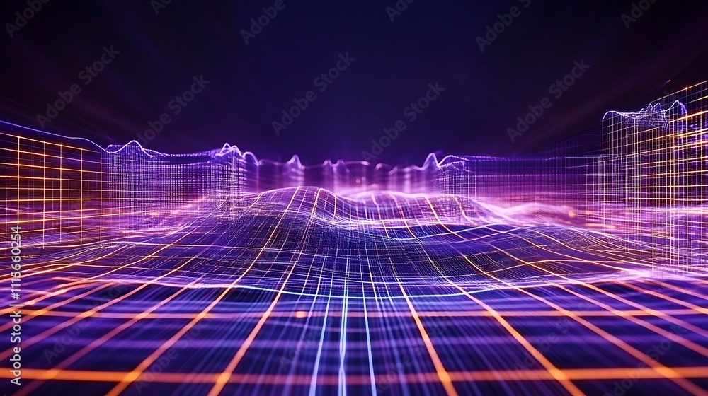 Poster abstract digital landscape with neon grid lines and vibrant colors creating a futuristic atmosphere