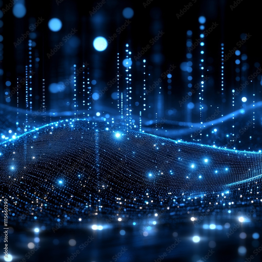 Poster abstract digital wave of binary code particles on dark background, futuristic technology concept