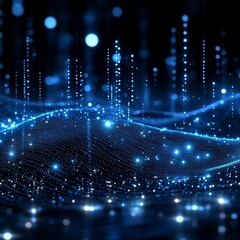 Obraz premium Abstract Digital Wave of Binary Code Particles on Dark Background, Futuristic Technology Concept
