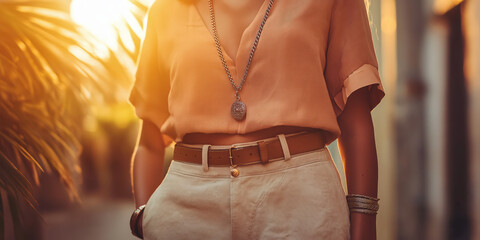 Fashionable young hispanic woman in sunset, stylish outfit, casual jewelry