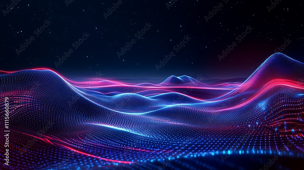 Poster abstract digital landscape with vibrant waves of light and dynamic patterns in high-tech environment