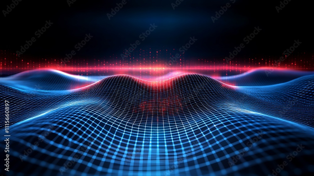 Poster abstract digital landscape with waveforms and glowing particles in vibrant blue and red tones for fu