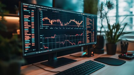 Fototapeta premium modern office with a large digital screen displaying complex financial data, investment graphs, and business strategy insights, representing a modern investment firm