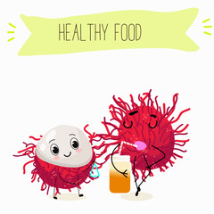 Rambutan fruit cute funny cheerful characters. Vector hand drawn illistration.