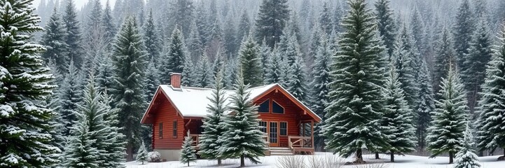 Cozy cabin nestled in a snowy forest surrounded by evergreen trees covered in snow, forest, winter