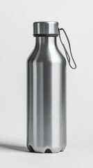 Stainless steel reusable water bottle.