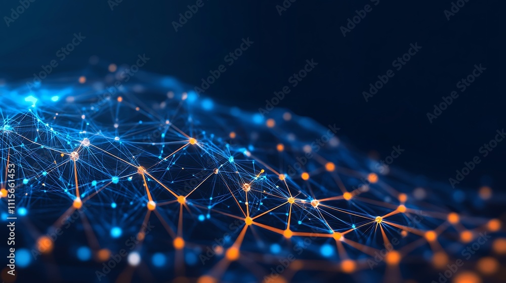 Poster abstract digital network visualization with blue and orange nodes on a dark background
