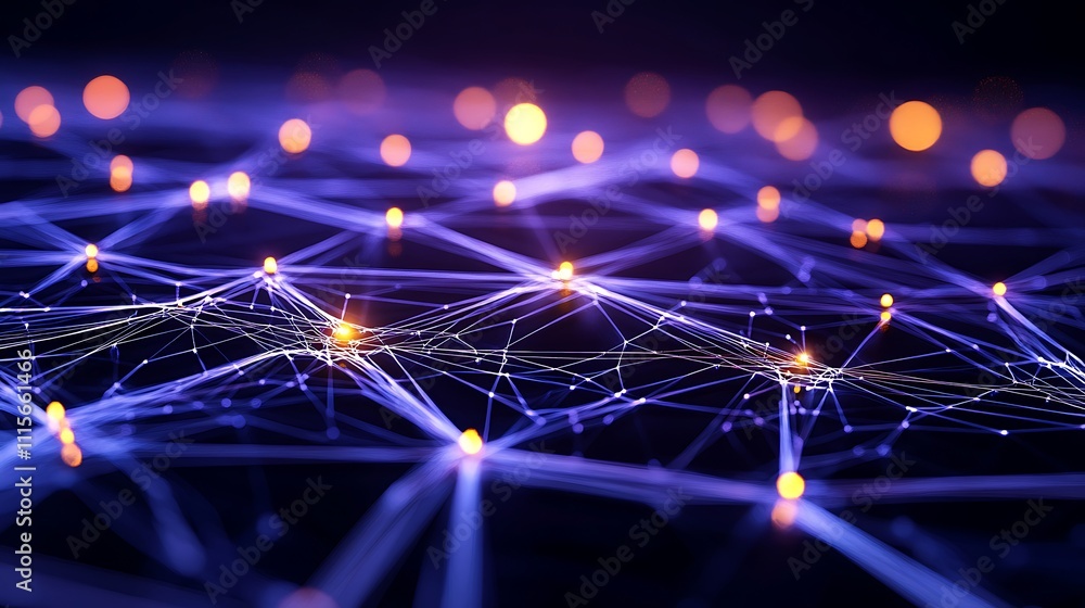 Poster abstract digital network with glowing dots and interconnected lines on a dark background