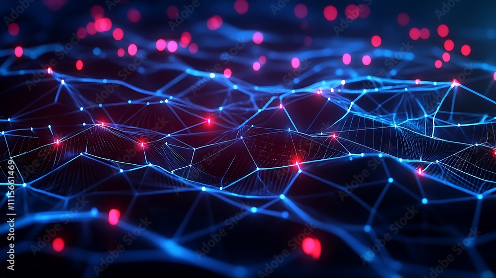 Poster abstract digital network connections with glowing nodes and intricate mesh patterns on a dark backgr