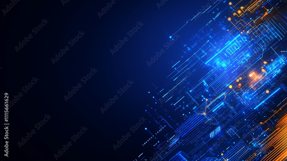 Poster abstract digital technology background with blue and orange neon lights and circuit patterns for mod
