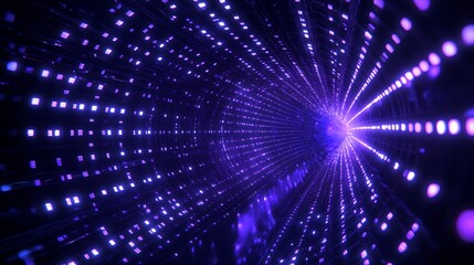 Fototapeta premium Abstract Digital Tunnel with Glowing Lights and Particles in Purple Color Palette