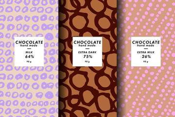 Vector set of templates contemporary abstract cover and patterns for chocolate and cocoa packaging with labels. Minimal modern backgrounds