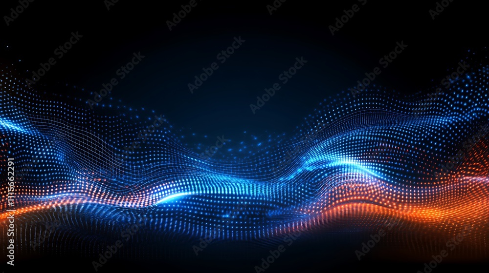 Poster abstract digital wave pattern with glowing particles in blue and orange colors on dark background