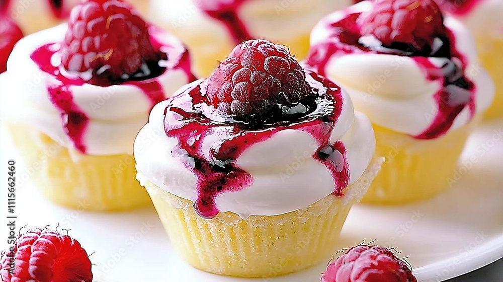 Poster a plate of raspberry cupcakes topped with whipped cream and fresh raspberry compote