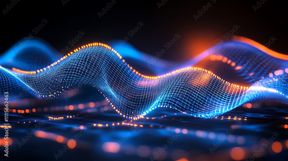 Poster Abstract Digital Wave Patterns with Glowing Lights and Network Structure in Blue and Orange Tones