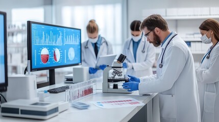 Fototapeta premium medical researchers analyzing blood samples under a microscope in a laboratory