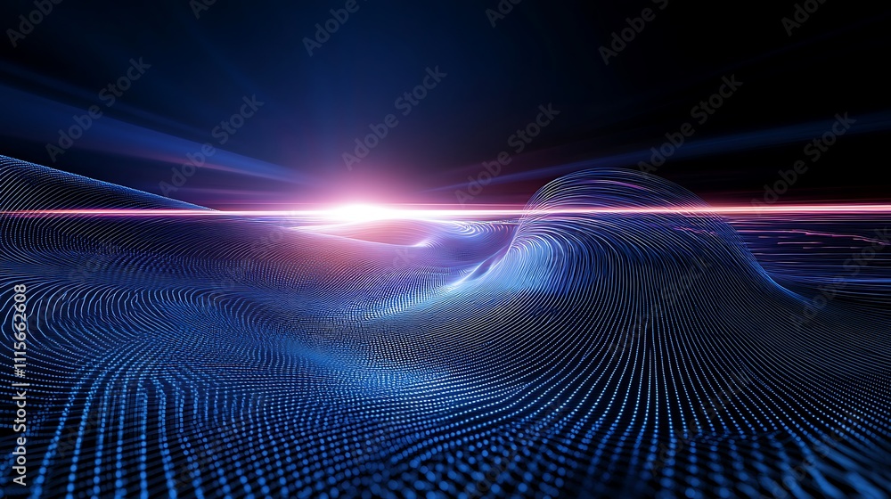 Poster Abstract Digital Waveform Landscape with Bright Light and Vibrant Color Gradients in Futuristic Style