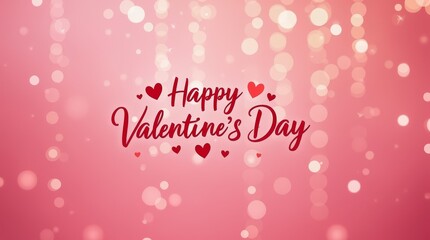 Happy Valentine's Day red text on a pink bokeh background. Romantic holiday design with light effects and copy space