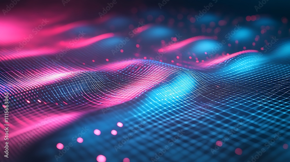 Aufkleber abstract digital waves in pink and blue colors with glowing dots and grid patterns for technology ba