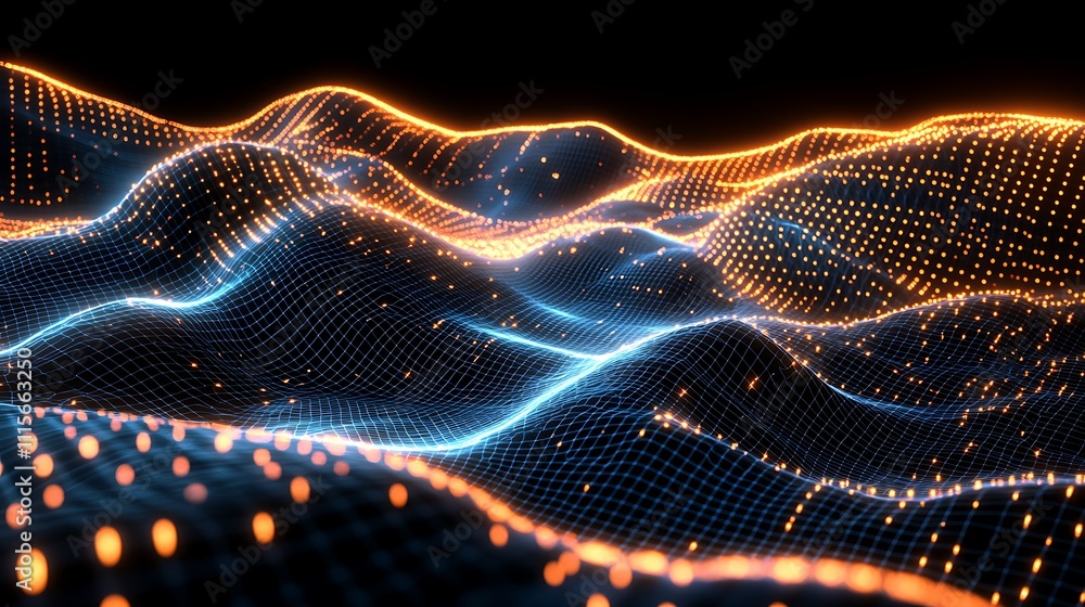 Poster abstract digital waves of light in blue and orange with flowing patterns and dots on a dark backgrou
