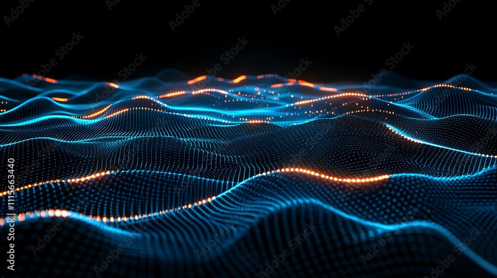 Poster abstract digital waves with bright lights and glowing particles in dark background creating a futuri