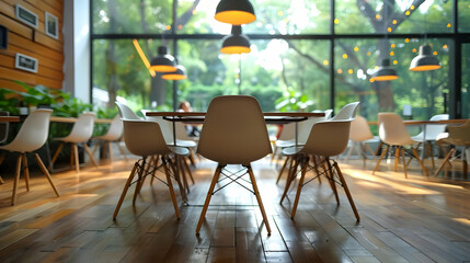 Obraz premium Sunny Cafe Interior Illustration: Wooden Floor, Modern Chairs