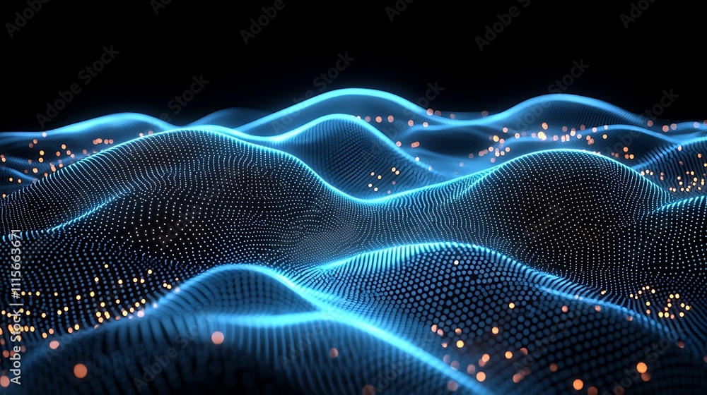 Poster abstract digital waves with glowing lights and dots creating a futuristic technology background