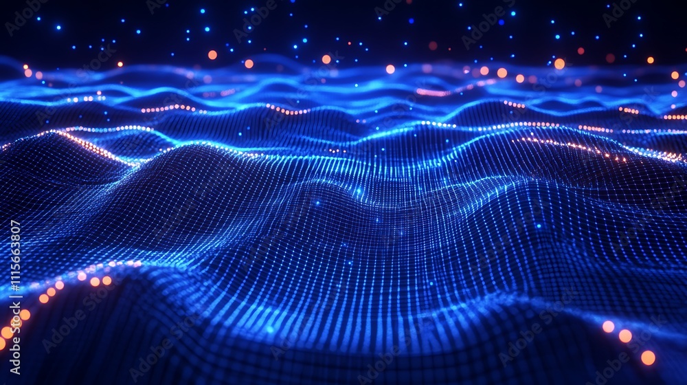 Poster abstract digital waves with glowing particles in blue and orange colors creating an ethereal backgro